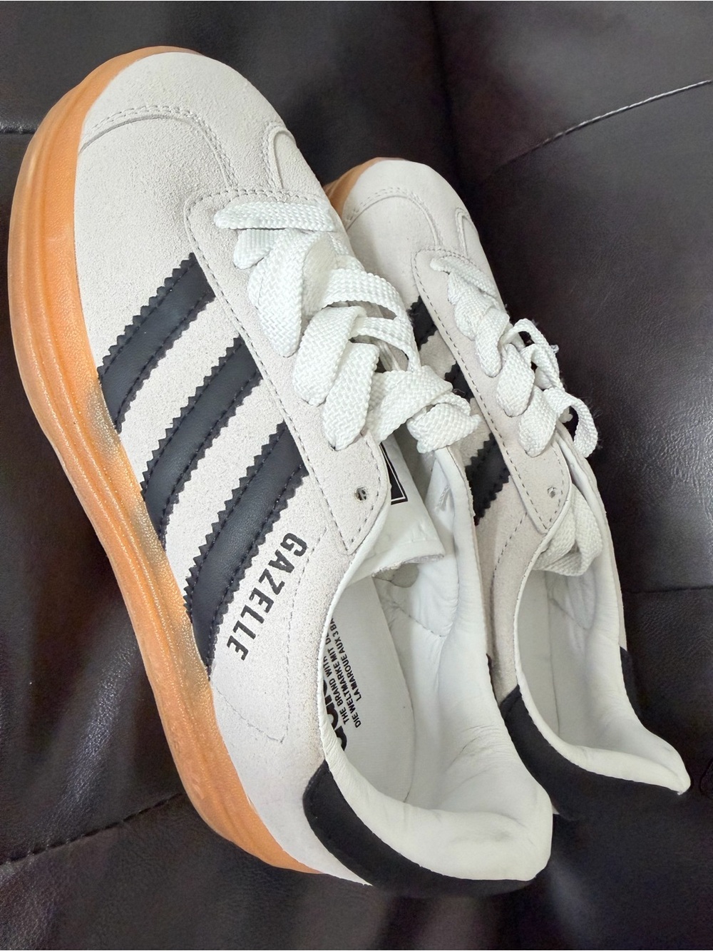 adidas Gazelle Suede Sneakers in Off-White with Black Stripes and Gum Sole